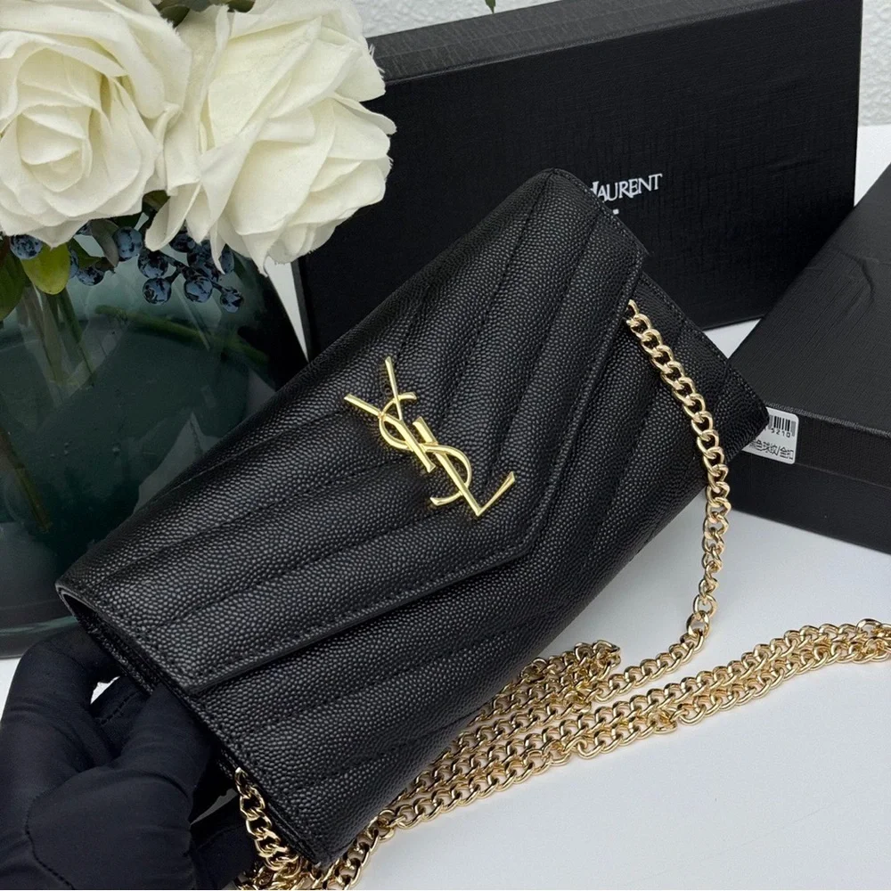 Yves Saint Laurent Black Textured Clutch with Gold Chain